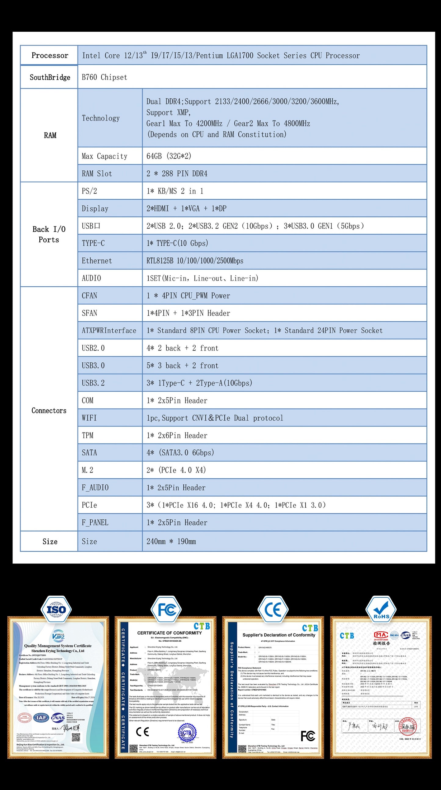 ERYING B760M D4 V1.0 mATX Motherboard, Support 12/13th Intel, socket LGA1700.  Extended Inventory.