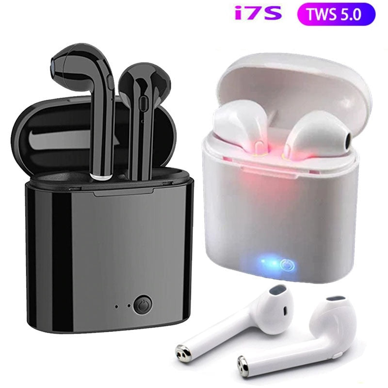 TWS i7s Wireless Bluetooth Earbuds, built-in mic, with rechargeable battery case. Extended Inventory.