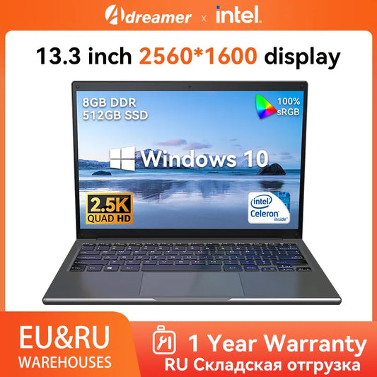 Adreamer LeoBook13 Laptop, 13.3" LCD, Intel Celeron N4020 1.1-2.8 GHz, Windows 10. Extended inventory.